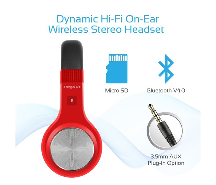 Promate Tango-Bt Foldable On-Ear Wireless Stereo Headset with Built-In Music Controls, Red - Zoom Image 1