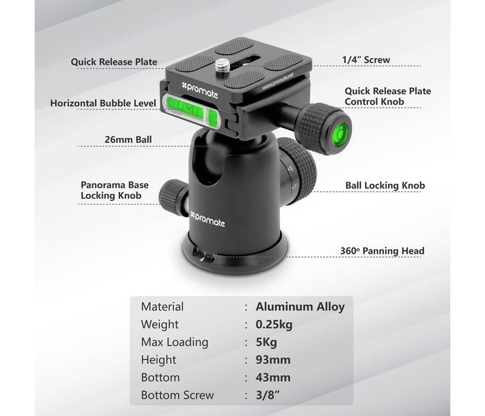 Promate Precise-160 Premium Professional Anodized Aluminum Travel Tripod with Integrated Monopod, Black - Zoom Image 2