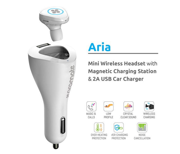 Promate Aria 2A Usb Car Charger with Magnetic Charging Station and Mini Bluetooth Headphone, White - Zoom Image 4