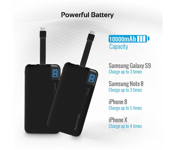 Promate Polymax-10C 10000 mAh Portable Power Bank with 2.1A USB Type C Charging Port, Black - Zoom Image 1