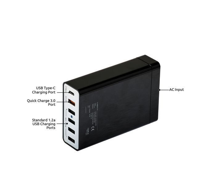 Promate TurboHub 6 Port Quick Charge 3.0 USB Charging Hub with Type C port and 4 Smart Charge Ports, Black - Zoom Image 1