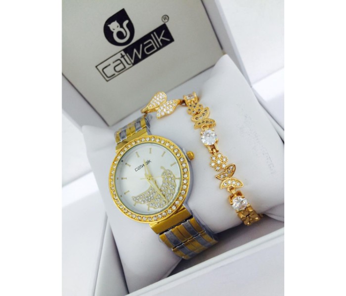 Catwalk CW-1500P Genuine Quality Fashionable Cz Womens Watch with Beauty Bracelet and Ring Gold - Zoom Image