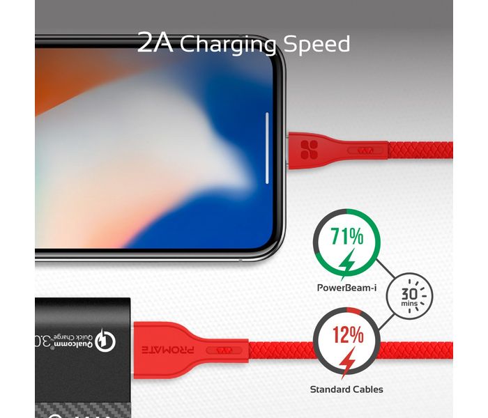 Promate Powerbeam-i Lightning to USB-A Charging Cable - 1.2 Metre, Red - Zoom Image 6