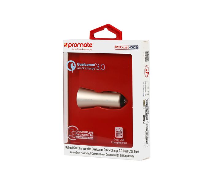 Promate Robust-QC3 Car Charger with Qualcomm Quick Charge 3.0 Dual USB Port, Gold - Zoom Image 7