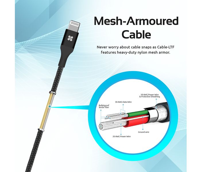 Promate Cable-LTF Heavy Duty Mesh Armored USB Lightning Charge Cable - Black - Zoom Image 7