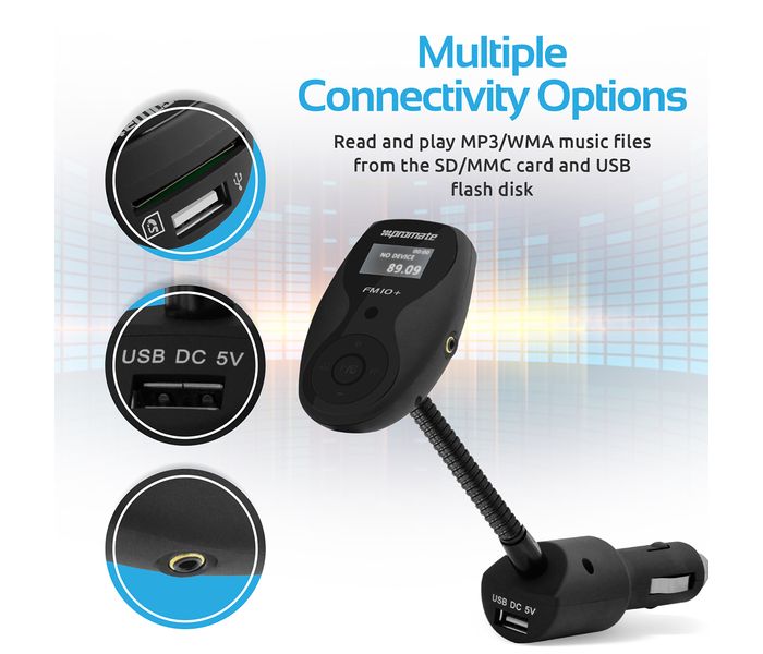 Promate FM10+ Wireless In-Car FM Transmitter Adapter Car Kit with USB Car Charging - Black - Zoom Image 2