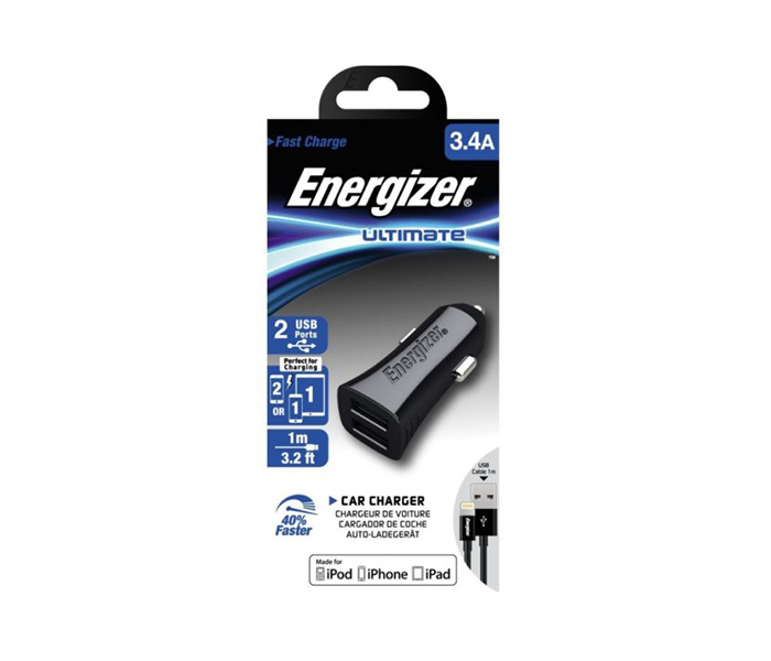 Energizer DCK2CULI3 Car Charger with 1 Mater Lightning Cable - Black - Zoom Image 1