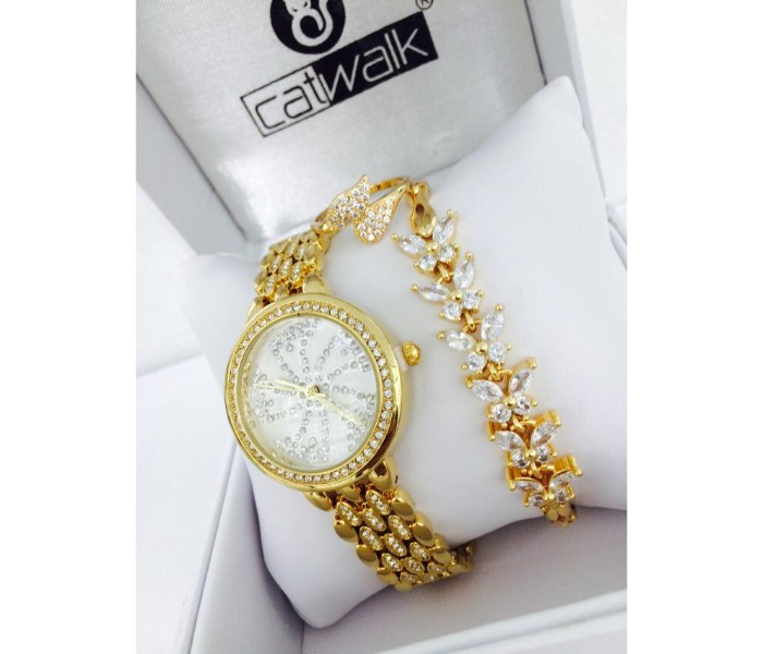 Catwalk CW-800P Genuine Quality Fashionable Cz Womens Watch with Beauty Bracelet and Ring Gold - Zoom Image