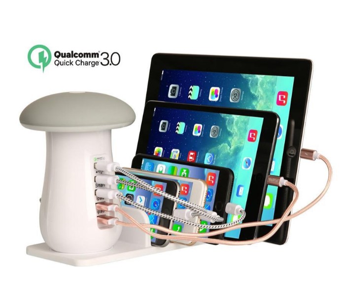 5 Port USB Charging Station with Qualcomm Quick Charge 3.0 Technology and Mushroom LED Desktop Lamp CTM54 White - Zoom Image 4