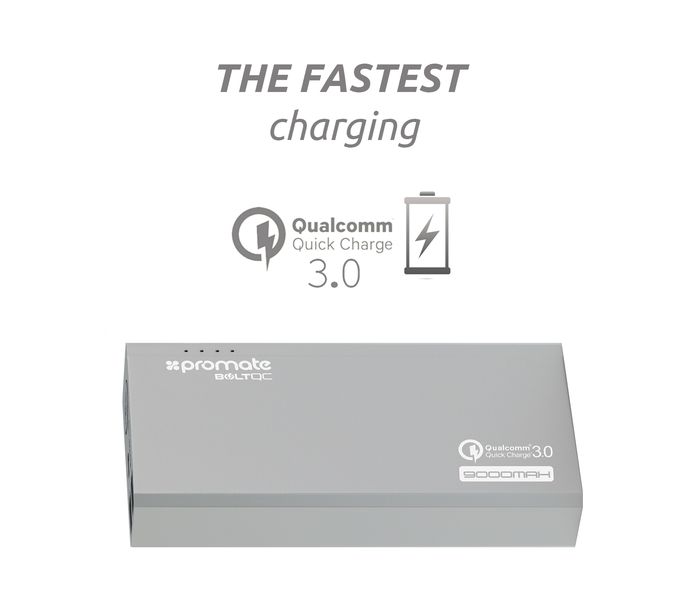 Promate Bolt Quick Charge 9000 mAh 3.0 Dual Port Portable Charger Power Bank, Silver - Zoom Image 1