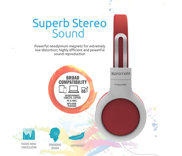 Promate Impulse Kid Friendly On Ear Wired Headset with Noise Cancellation, Red - Zoom Image 2