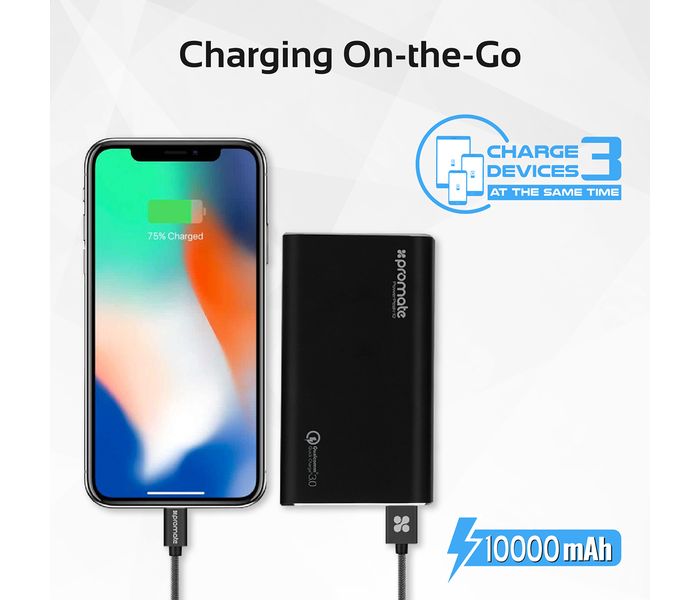 Promate PowerPeak-10 10000 mAh Qualcomm Quick Charge 3.0 Portable Power Bank with 2 Way Type C Charging Port, Black - Zoom Image 4