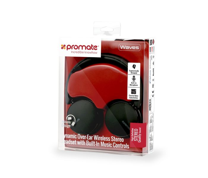 Promate Waves Dynamic Over-Ear Wireless Stereo Headset with Built-In Music Controls, Black - Zoom Image 7