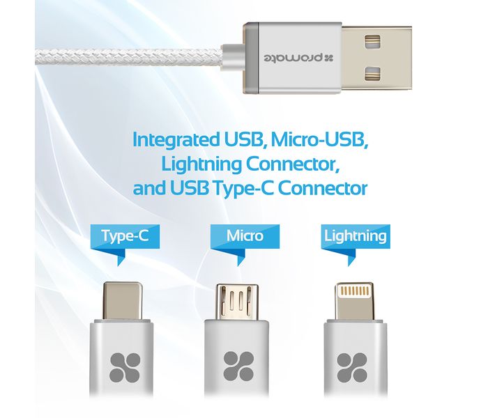 Promate UniLink-Trio 3 in 1 Triple Head Data and Charge Cable with Lightning, Type-C, and Micro-USB Connectors - Silver - Zoom Image 3