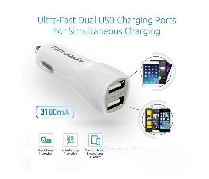 Promate Vivid 3100mAh Dual USB Car Charger, White - Zoom Image 3