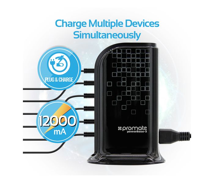 Promate PowerBase-2 12000mAh Fast AC Charging Station Hub with 6 USB Ports, Black - Zoom Image 2