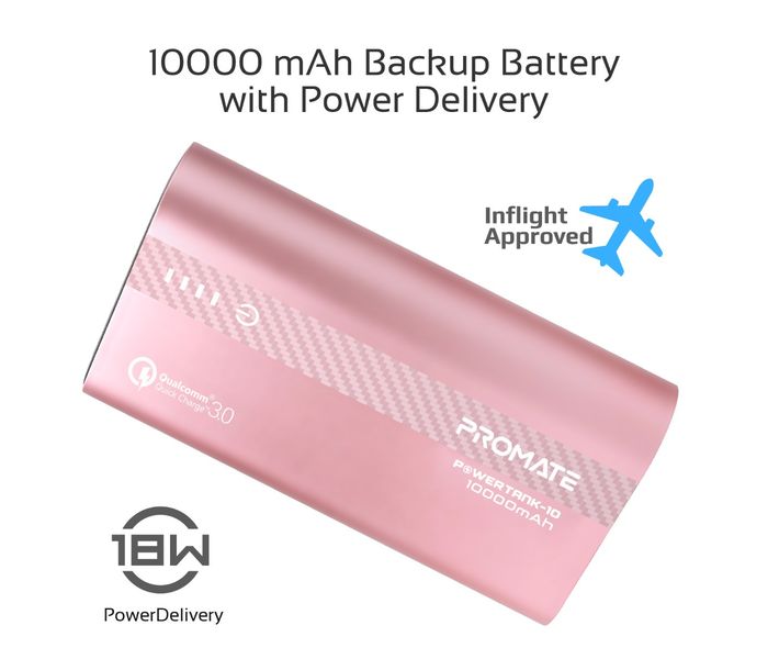 Promate Powertank-10 Portable 10000mAh with QC 3.0 and Over Charging Protection - Rose Gold - Zoom Image 1