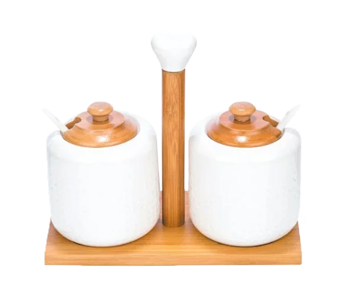 Royalford RF9245 2 Pieces Condiment Set with Wooden Stand - White - Zoom Image