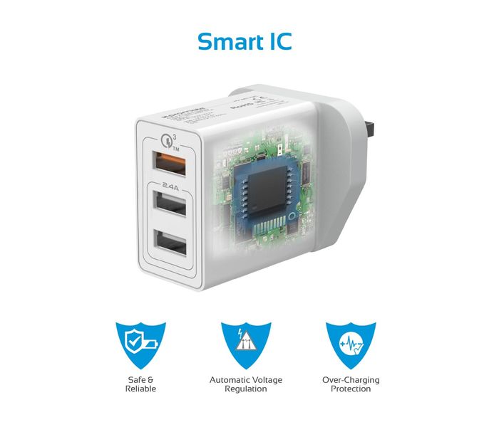 Promate Kraft-QC-UK 30W Quick Charge QC 3.0 Wall Charger with 3 USB Ports, White - Zoom Image 2