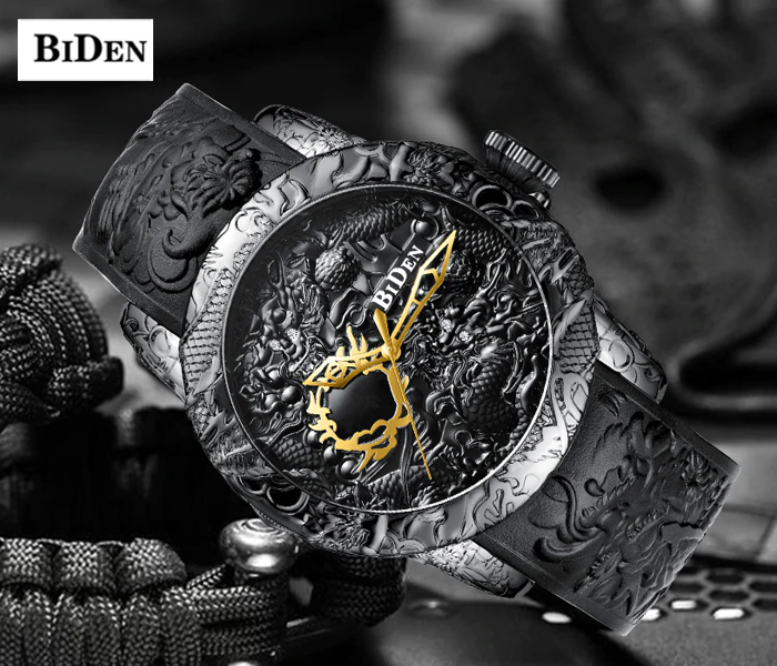 BIDEN 3D Engraved Luxury Silicone Satrap Watch For Men - Black - Zoom Image 2