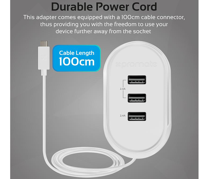 Promate TORNADO-3C USB 3.1 Type-C Home Charger with Cable organizer - White - Zoom Image 2