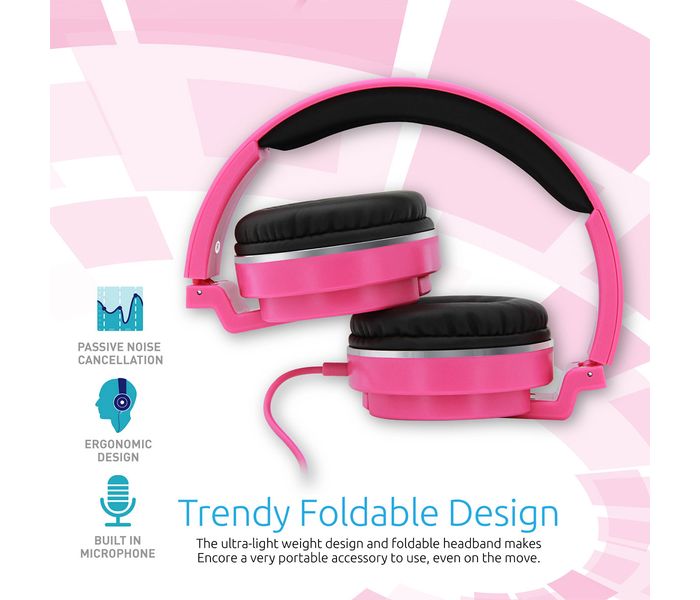 Promate Encore Lightweight Stereo Wired Heaphones with Padded Foldable Headband, Pink - Zoom Image 2