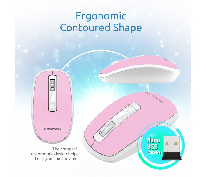 Promate Clix-3 2.4Ghz USB Wireless Ergonomic Mouse with Precision Scrolling, Pink - Zoom Image 3