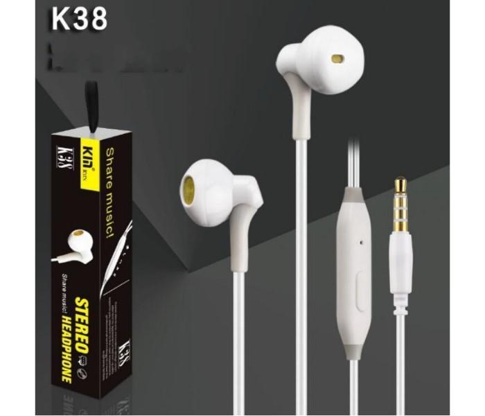 K38 Stereo Earphone White - With Mic - Zoom Image 1