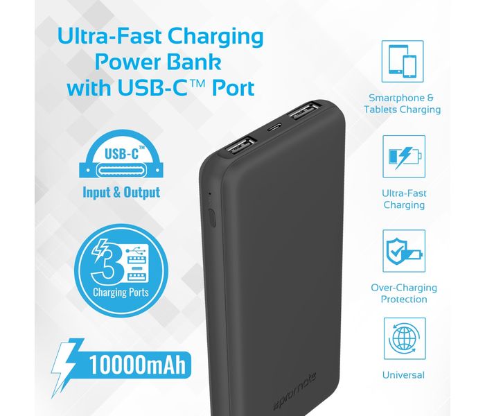 Promate VolTag-10C 10000 mAh Portable Charger Power Bank with Dual USB, Black - Zoom Image 1