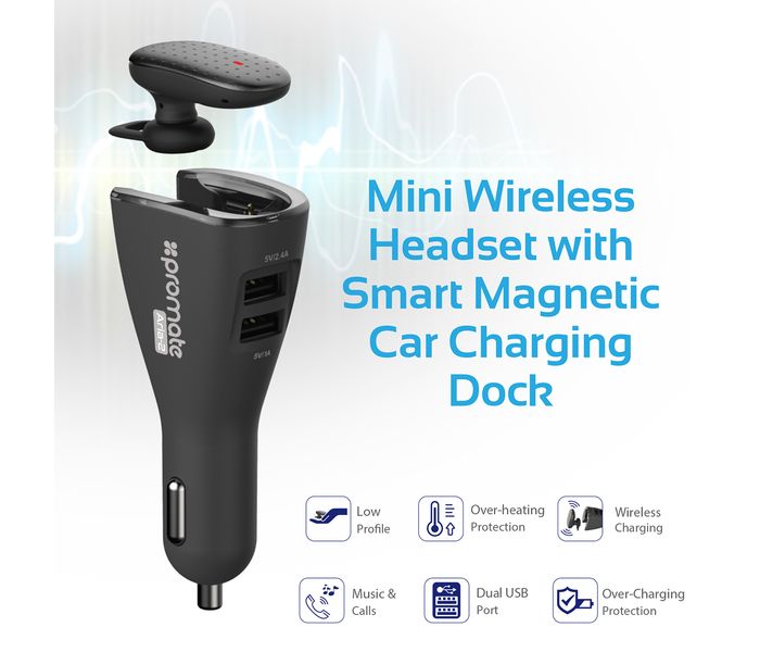 Promate Aria Mini Wireless Headset with Smart Magnetic Car Charging Dock, Black - Zoom Image 1