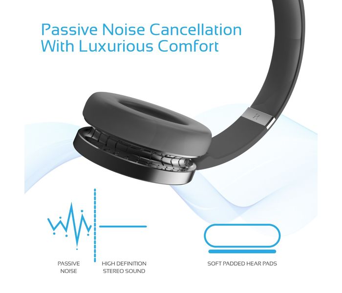 Promate Waves Dynamic Over-Ear Wireless Stereo Headset with Built-In Music Controls, Black - Zoom Image 4