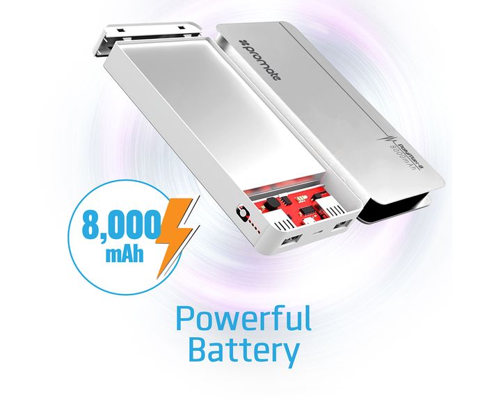 Promate PolyMax-8 8000 mAh Aluminum Power Bank with Ultra-Fast Dual USB Charging Ports, Silver - Zoom Image 2