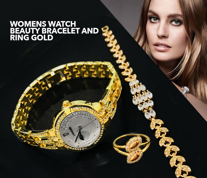 Catwalk CW-1400P Genuine Quality Fashionable Cz Womens Watch with Beauty Bracelet and Ring Gold - Zoom Image