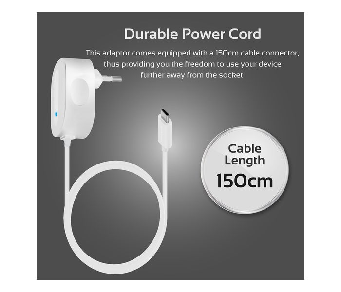 Promate Cplug-5V3A.EU 5V 3.4A Wall Adaptive Fast Charger with Built in USB Type C Cable, White - Zoom Image 3