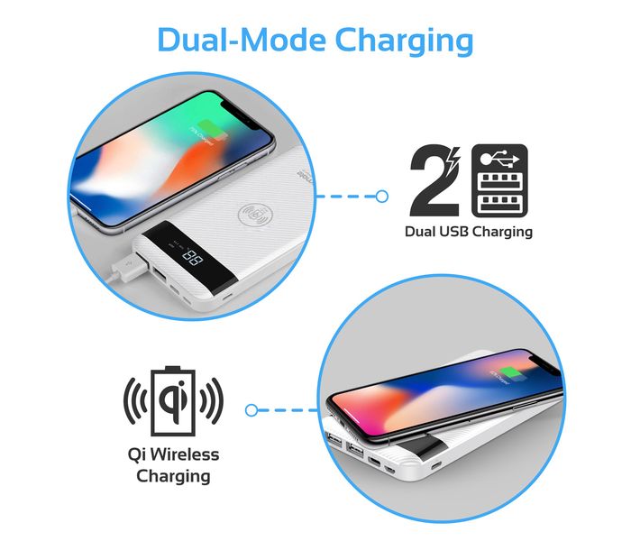 Promate AuraPack-10 10000 mAh Qi Wireless Charger Power Bank with 2 Way Type C Charging Port, White - Zoom Image 1