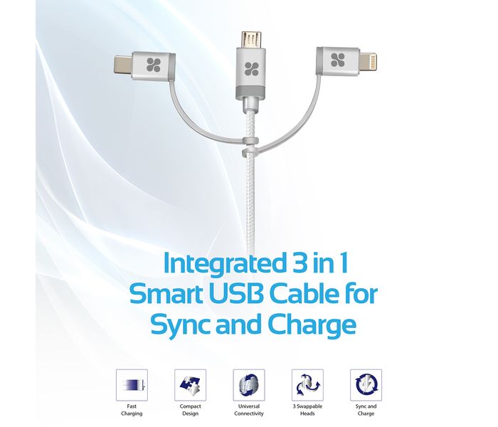 Promate UniLink-Trio 3 in 1 Triple Head Data and Charge Cable with Lightning, Type-C, and Micro-USB Connectors - Silver - Zoom Image 1