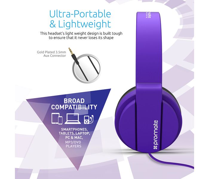 Promate Encore Lightweight Stereo Wired Heaphones with Padded Foldable Headband, Purple - Zoom Image 3