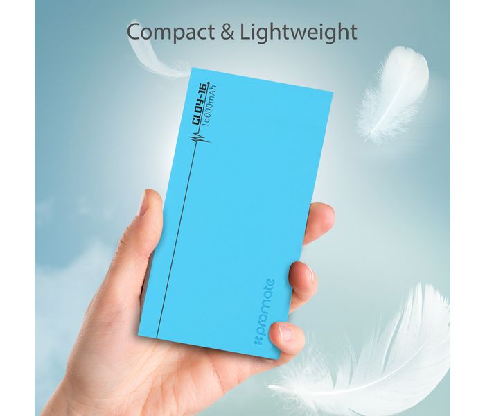 Promate Cloy-16 16000 mAh Dual USB Lightweight Portable Charger Power Bank with 4A Output Fast Charge, Blue - Zoom Image 3