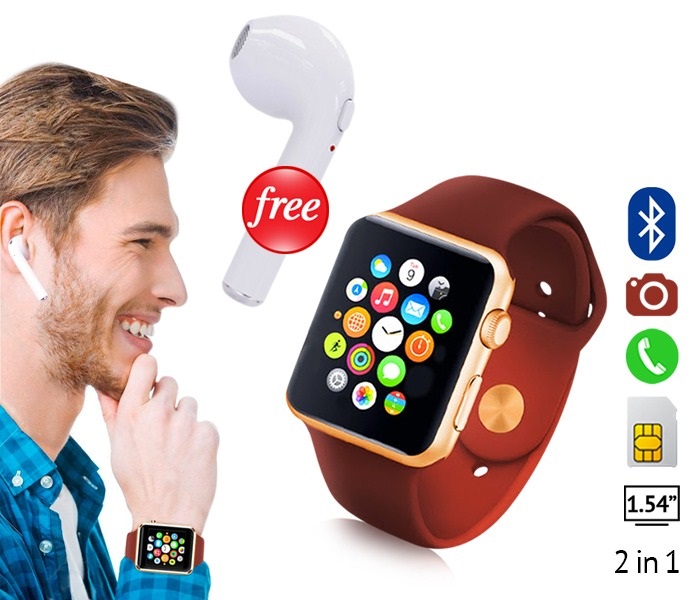 2 in 1 Bundle of Smart Phone Watch Supports SIM and Memory Card with Wireless Bluetooth Headset Brown and Gold - Zoom Image 5