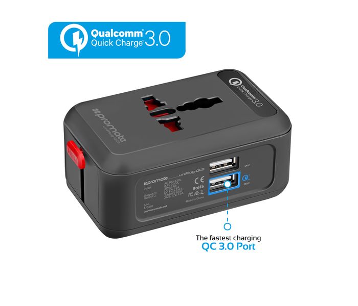 Promate UniPlug-QC3 Universal All in One Worldwide Travel Adapter with Multi Regional Socket, Black - Zoom Image 1