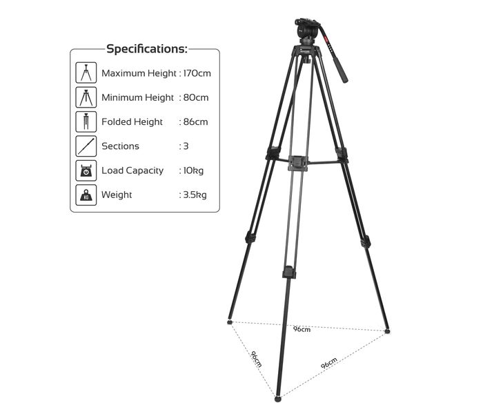 Promate Pixels-170 Professional Aluminum Video Tripod with Mid-Level Spreader, Black - Zoom Image 2