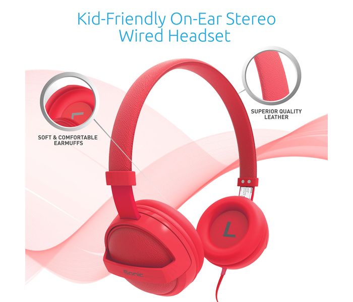 Promate Sonic Kid Friendly On Ear Stereo Wired Headset, Red - Zoom Image 1