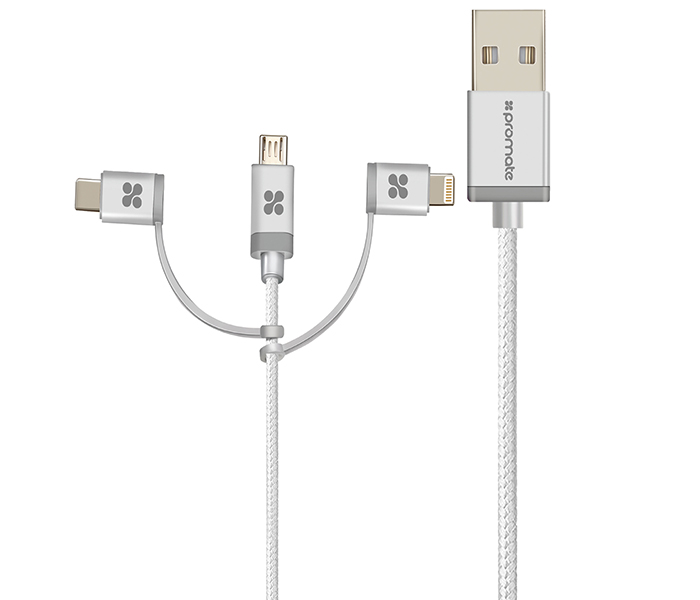 Promate UniLink-Trio 3 in 1 Triple Head Data and Charge Cable with Lightning, Type-C, and Micro-USB Connectors - Silver - Zoom Image 7