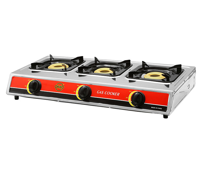 Okko 3 Burner Gas Stove With Auto Ignition - Red & Silver - Zoom Image 3