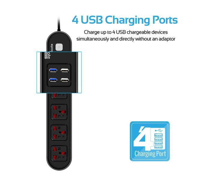 Promate PowerStrip-1.UK Universal 4 Way Outlets Power Extension with 4 USB Ports & Surge Protector Power Socket, Black - Zoom Image 1