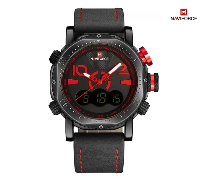 Naviforce 9094 Men Analog-Digital Leather Starp Watch - Red - Zoom Image 2