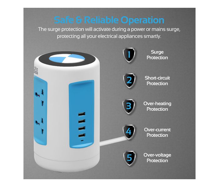 Promate PowerGrid-1.UK 2500W Universal Vertical Power Extension with 6 Outlets & 4 USB Port, White - Zoom Image 3