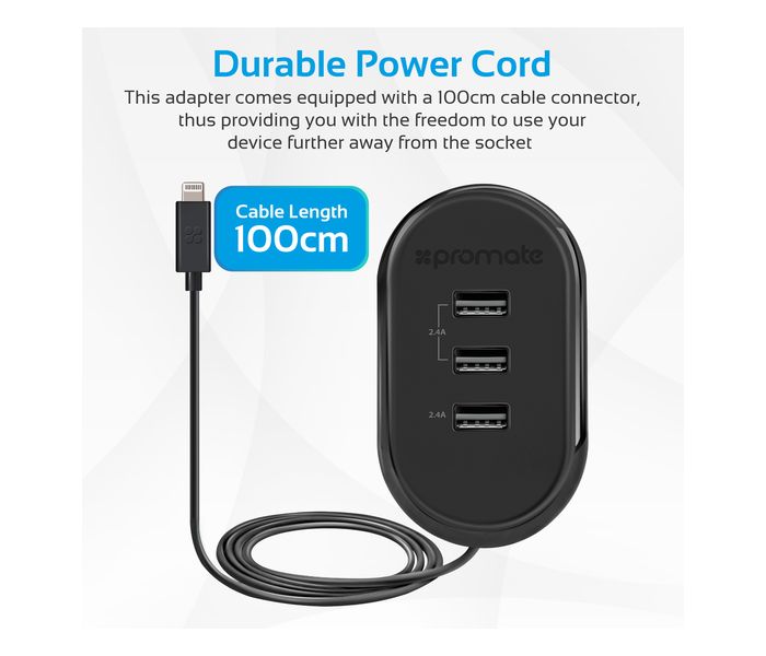 Promate Tonardo-3LT.UK Heavy Duty Home Charger with Lightning Connector, Black - Zoom Image 2