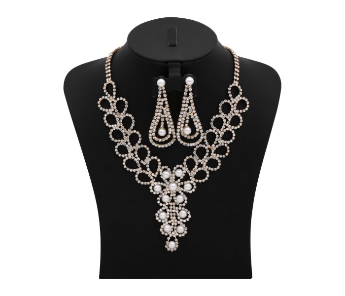 Kavani Pearl Drop crystal Zirconia Necklace Set with Earrings 33026 White and Gold - Zoom Image 1