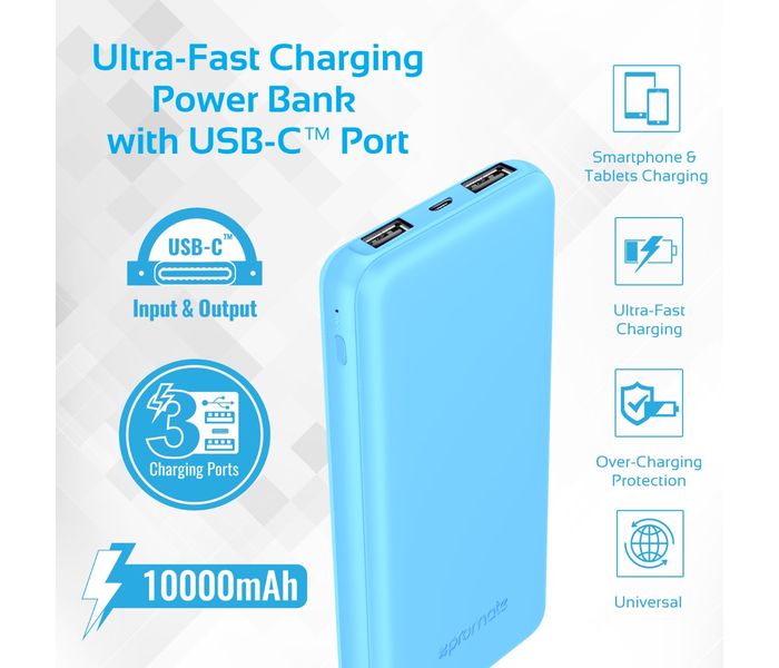 Promate VolTag-10C 10000 mAh Portable Charger Power Bank with Dual USB, Blue - Zoom Image 1